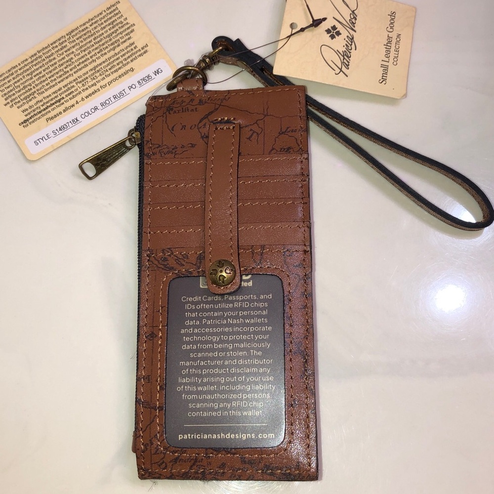 Patricia Nash Alanna Signature Map Print Leather Card Wallet Color Riot Rust NWT - Picture 11 of 16